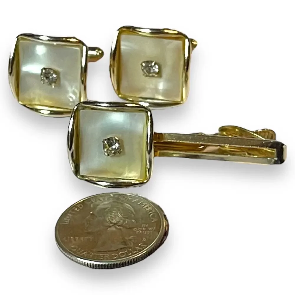 Vintage Cufflinks and Tie Bar Gold Tone Mother of Pearl Rhinestone Wave Edge